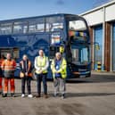 Pictured at Morecambe depot, Stagecoach Coachbuilder Dennis Bruce, Stagecoach Coachbuilder Stuart Higginson, Stagecoach First Year Trade Up Apprentice Danny Booth, Stagecoach Bus Driver and Regional Representative for Unite Union Tracie Clugston, Stagecoach Cumbria and Lancashire Managing Director Tom Waterhouse, Stagecoach Bus Driver and Regional Representative for RMT Union Ken Gillespie.
