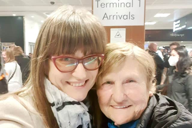 Tanya Mulesa with her gran Natalia Anufriieva at Manchester Airport after flying back to the UK.