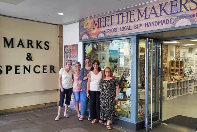 Outside Meet the Makers is Myra Weir, Jane Pullen, Jan Beal, Lisa Higham and Liz Chapman who are all current makers in the shop.