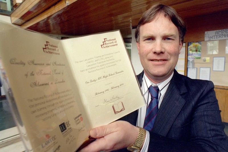 Peter Brisco, deputy head teacher at Our Lady's High School, Lancaster, with the accreditation of records of achievement award in 1997.