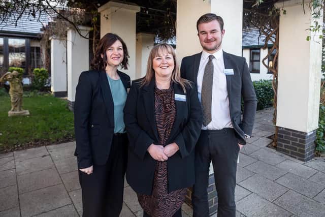 Lynn Porter and Harry Newton with Lancaster House Hotel general manager Emma Underwood (centre).