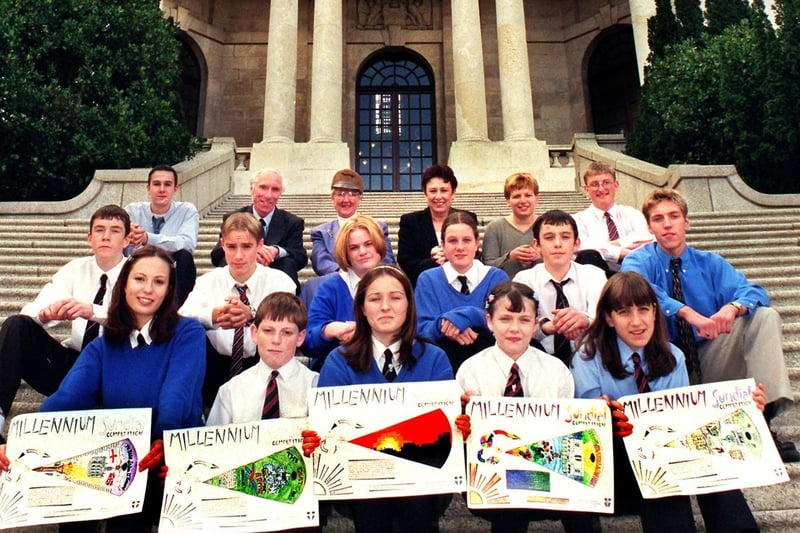 Ripley St Thomas Pupils, Lorna Kelly, James Perrin, Bethany Stanford, Carl Hodson, Paul Dorrington, Rachel Bowles, Bunty Marshall, Joanne Quinn, Philip Evans, Warran Cross, Thomas Birchall, Emily Bates and Darre Cluney, winners of the Millennium Sundial Competition, with General Manager Elaine Charlton and Coun Shirley Burns, Chairman of Williamson Park.