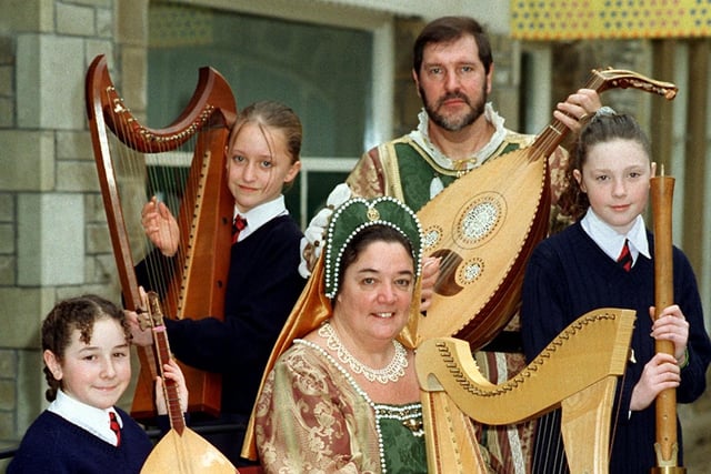 Brian and Glynis Radford from Tapestry of Music, who performed a recital of Medieval and Renaissance music, at The Platform in Morecambe. Holding some of the musical instruments are year 7 pupils from Morecambe High School, Claire Smith, Natalie Singleton, Michelle Douglas and Danielle Kelly
