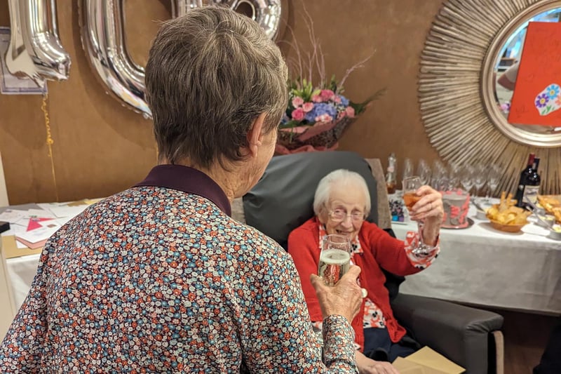 Sybil celebrates her 102nd birthday with friends and residents at the Lancaster care home.