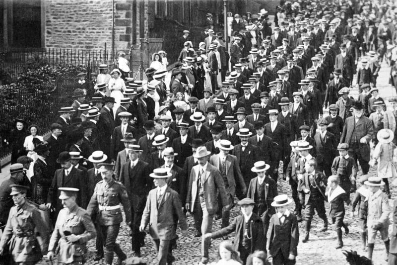 'Pals' of the 5th Battalion, King's Own after Church Parade, on September 6 1914, outside Lancaster Castle. Picture by Peter Donnelly of Lancaster’s King’s Own Regiment Museum.