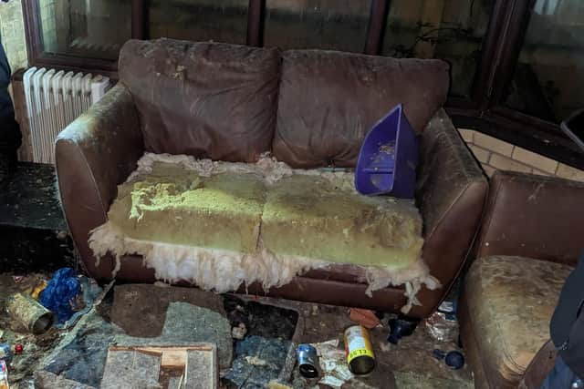 A couch was totally ripped and there was urine, faeces and rubbish on the floor. Picture from the RSPCA.