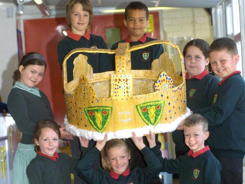 Pupils from Lancaster Road School who made a crown from cardboard, glitter and stick-on jewels for a Jubilee concert at The Platform, Morecambe. Pictured are Natalie Wilson, Miles Davis, Jason Statter, Sinead Armistead, Hubert Olkuski, Keagan Hill, Charla Dixon and Teigan Barry.
