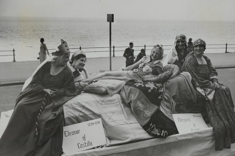 Cleopatra reclines on her couch in the Big Carnival & Trades Procession, which was the chief event of Morecambe And Heysham's Fortnight's Programme.