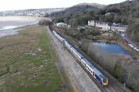 Aerial image of the derailed train in Grange-over-Sands.