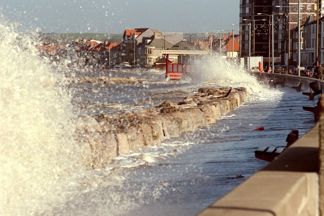 Storm waves on Morecambe promenade in 1997
