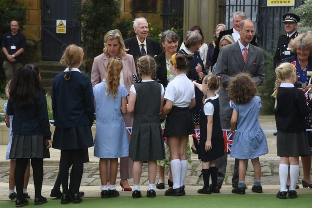 Prince Edward and Sophie Countess of Wessex meet and chat with schoolchildren at Lancaster Castle. Picture by Dan Martino.