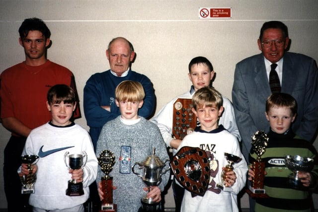 The awards ceremony at Lytham St. Annes and Fylde YMCA for outstanding achievements during 1997, presented by David Jeffrey (back right)