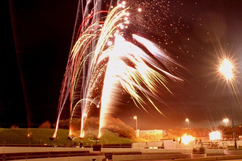 Fireworks light the night sky above Bubbles and The Dome in Morecambe.