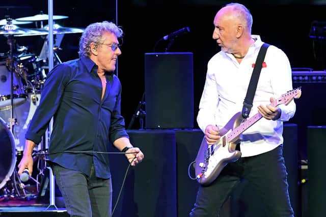 LAS VEGAS, NV - JULY 29:  Singer Roger Daltrey (L) and guitarist Pete Townshend of The Who perform on the first night of the band's residency at The Colosseum at Caesars Palace on July 29, 2017 in Las Vegas, Nevada.  (Photo by Ethan Miller/Getty Images)