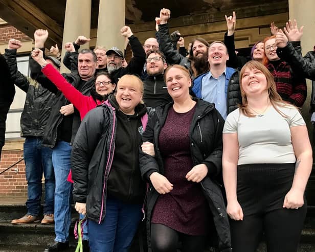 Celebrations outside Morecambe Town Hall after the John O'Gaunt stage is saved.