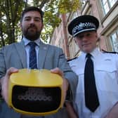 Andrew Pratt MBE, deputy PCC and chair of the Lancashire Road Safety Partnership, County Coun Charlie Edwards, cabinet member for highways and transport, and Supt Mark Morley, Lancashire Police Tactical Operations, with one of the average speed cameras due to be installed.