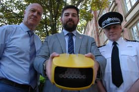 Andrew Pratt MBE, deputy PCC and chair of the Lancashire Road Safety Partnership, County Coun Charlie Edwards, cabinet member for highways and transport, and Supt Mark Morley, Lancashire Police Tactical Operations, with one of the average speed cameras due to be installed.