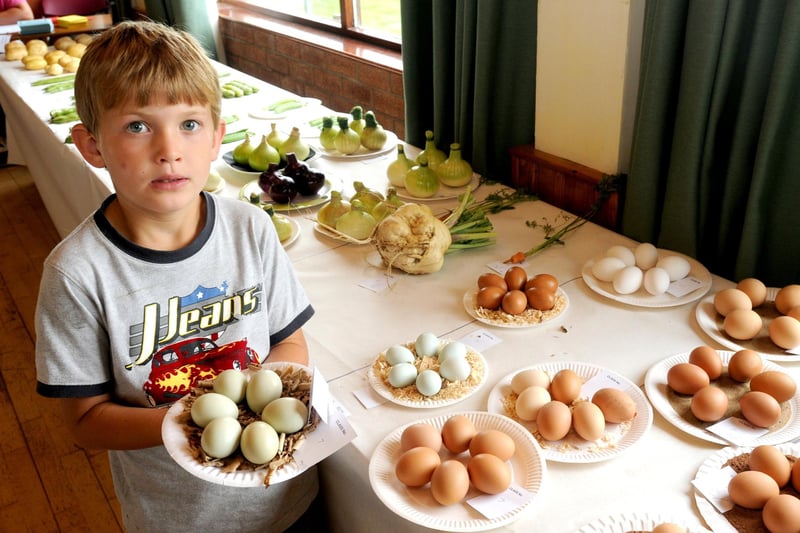 Charles Henderson, seven, with his lavender araucana eggs, which he entered in the egg compeition at Cockerham Village Show in 2013.