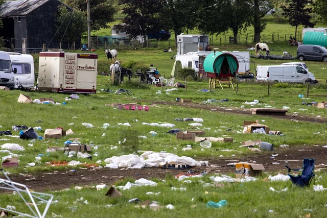 Rubbish left by travellers after the weekends Appleby Horse Fair in Appleby-in-Westmorland, Cumbria. June 10 2022.  See SWNS story SWLEfair.  More than 30,000 people attended the event, which is one of the largest in Europe and is a celebration of the heritage of the travelling community and traditionally provides an opportunity for trading horses. 