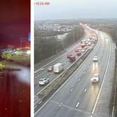 Left: a lorry overturned on the M6 at Juncton 34. Right: Traffic on the M61 leading up to junction 9. Both areas