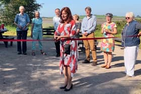 The refurbished picnic area at Stodday, near Lancaster, is formally opened by Prof Sarah Kemp, Pro-Vice Chancellor for Engagement at Lancaster University.
