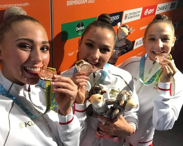 Marfa Ekimova, Saffron Severn & Alice Leaper - Team England Rhythmic Gymnasts with their bronze medals at the Commonwealth Games.