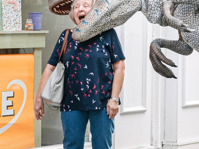 A dinosaur grabs a bystander in its mouth at Dino Fest in Lancaster. Picture by Ginny Koppenhol.
