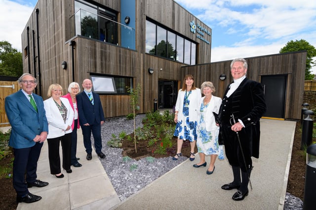 Pictured from left, donor Nick Scholes, chair of the trustees Chris Heginbotham, donor Barbara Scholes, vice chair of the board Mark Cullinan, chief executive Sue McGraw, patron Pam Barker and the High Sheriff of Lancashire Martin Ainscough at the official opening of the new Forget Me Not Centre at St John's Hospice, Lancaster. Photo: Kelvin Stuttard