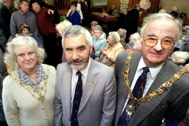Lancaster Mayor and Mayoress with Tony Kimpton at the opening of Morecambes Blind Welfare Society Christmas Fair.