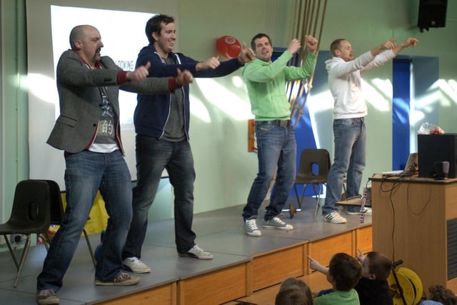 'Wrong Direction' starring teachers Anthony Breeze, Matt Armistead, Callum Thwaites and Tom Clarke, performing in aid of Red Nose Day at Westgate Primary School in Morecambe