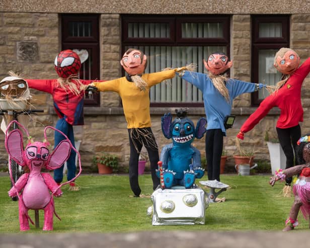 A selection of scarecrows from ET, Star Trek and Lilo and Stitch at the Wray Scarecrow Festival 2024 with a sci-fi theme.