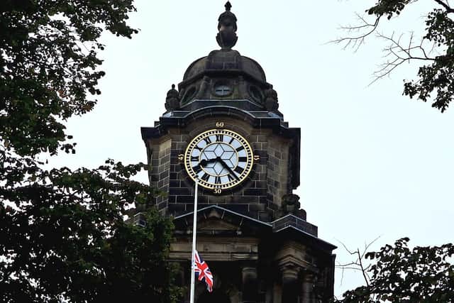 The Union Flag flying at half mast at Lancaster Town Hall. Picture by Josh Brandwood.