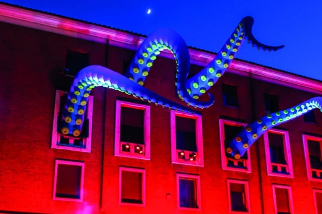 Tentacles - The Morecambe Winter Gardens are under invasion! Look up to witness a giant marine creature taking over the building with its huge tentacles spilling out over the balcony!