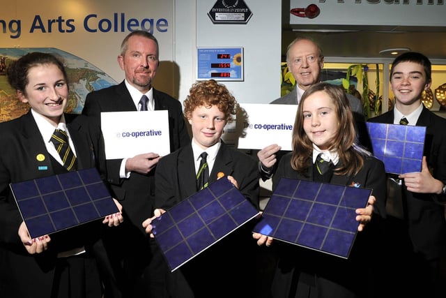 Lytham St Annes High School have had new solar panels fitted with funding from the Co-op. PIctured (left to right): Abi Eagles, Co-operative Funeral Home manager Nigel Gilliat, Stuart Fysh, chairman of Lancashire Area Co-operative committee Jack Roysdill, Hannah Whitehead, and Philip Banner