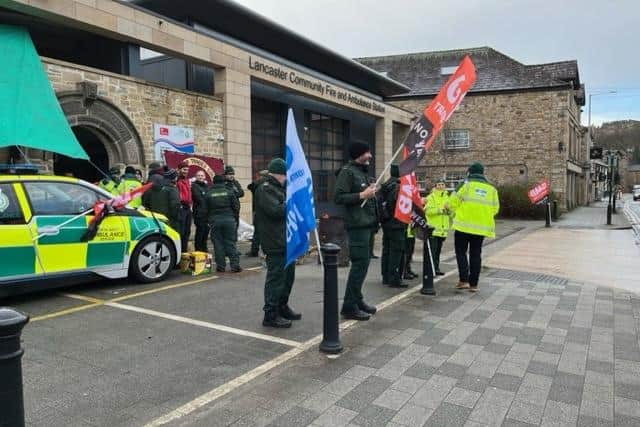 Ambulance workers at Lancaster on the picket line during a strike over pay. Picture by Michelle Blade.