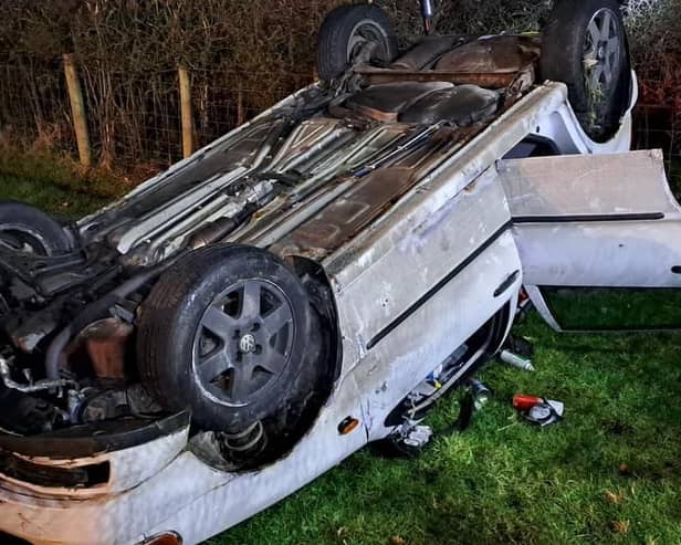 This car ended up on its roof in a village near Lancaster.
