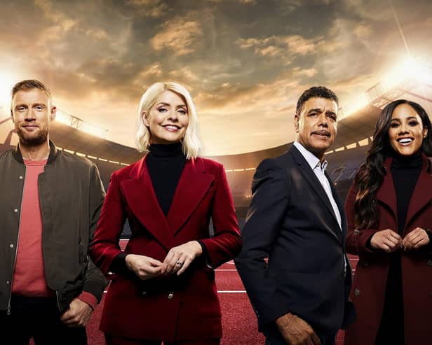 From Initial productions 

THE GAMES 
Starts Monday 9th May 2022 on ITV 

Pictured:  Freddie Flintoff, Holly Willoughby, Chris Kamara  and Alex Scott

Hosted live by Holly Willoughby and Freddie Flintoff, The Games will also see former professional footballer and presenter  as trackside reporter and former professional football player and presenter Chris Kamara as commentator. 

Photographer Nicky Johnston 

For further information please contact Peter Gray
Mob 07831460662 /  peter.gray@itv.com

This photograph is (C) ITV and can only be reproduced for editorial purposes directly in connection with the programme PAUL O'GRADY FOR THE LOVE OF DOGS or ITV. Once made available by the ITV Picture Desk, this photograph can be reproduced once only up until the Transmission date and no reproduction fee will be charged. Any subsequent usage may incur a fee. This photograph must not be syndicated to any other publication or website, or permanently archived, without the express written permission of ITV Picture Desk. Full Terms and conditions are available on the website www.itvpictures.com  

