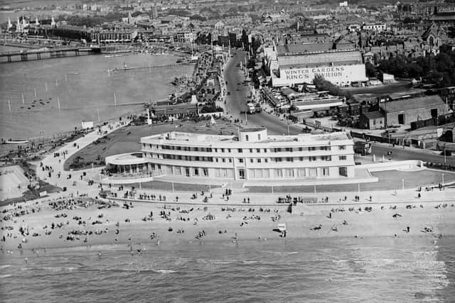The Midland Hotel in Morecambe opened in 1933 and this photograph was taken around a year later. It was built by the London, Midland and Scottish Railway Company and is a north west icon of Art Deco architecture, now protected as a Grade II* listed building. EPR000309 © Historic England. Aerofilms Collection 03/08/1934