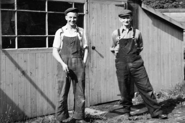From left: Raymond Dodgson and Jimmy Skeats outside the joinery workshop at Hornby, c.1959.