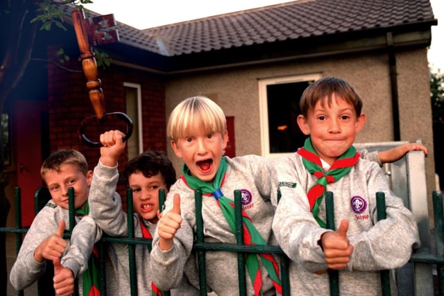 Excited Alder Beavers from 16th Morecambe Scout Group celebrate their first meeting in their new scout hut on Michaelson Avenue, Torrisholme in 1996. Pictured from left are: Ian Wilkinson, Allan Whittaker, James Martin and James Ferguson, all aged seven