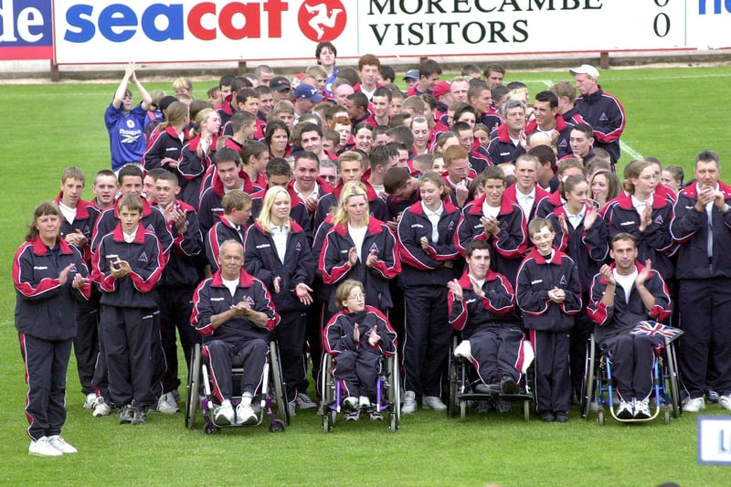 The Lancaster team line up on the field at the opening ceremony of the Youth Games at Christie Park in Morecambe.