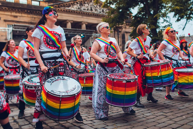 The Batala drummers entertain the crowds. Photo by Tom Morbey