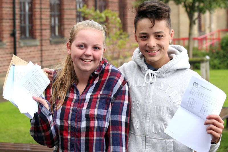 Holly Wilson and Max Salem with their results at Morecambe Community High School.