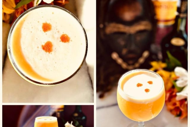 The Orangutan Sour served at the Marula Monkey is a twist on a Peruvian classic. It contains Pisco, pineapple liqueur, pineapple syrup, egg whites, lime juice and bitters.