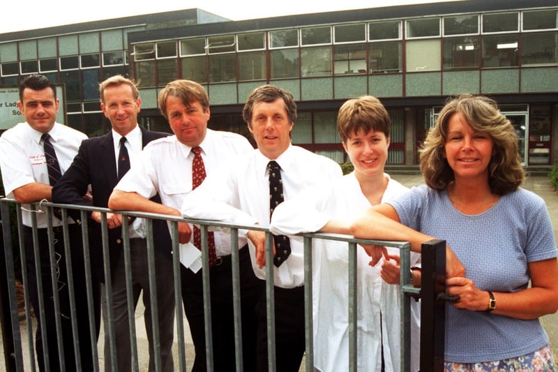 Pictured from left, teachers at Our Lady's High School, Lancaster,  who were either leaving or retiring at the end of term in 1996, Ian Pemberton (leaving), Geoff Shingler (retiring after 27 years), Martin Somers (retiring after 25 years), Paul Houslay (retiring after 18 years), Katy Allan (leaving) and Susan Marland (leaving).