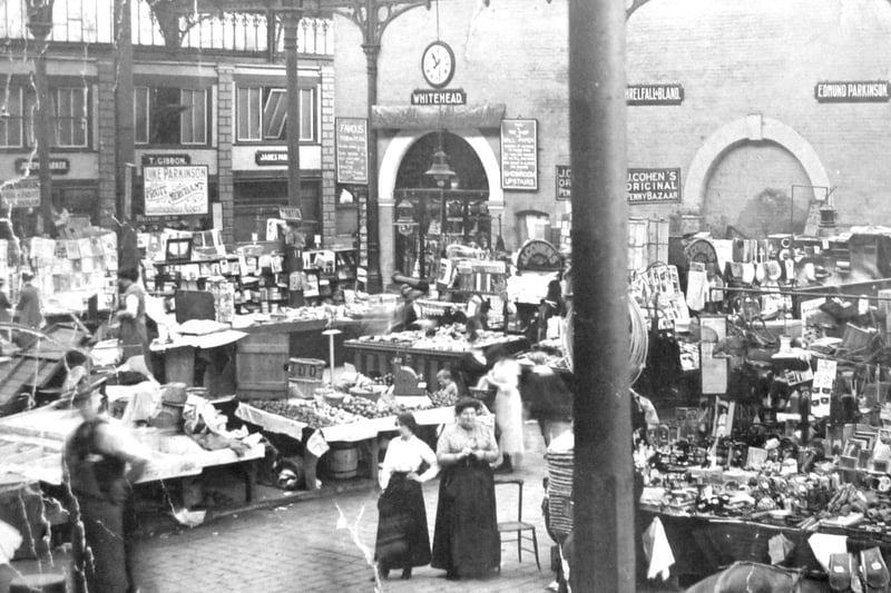 Inside the market showing stalls and shops around the outside. Note the horse! Thank you to Ron Wood from Marsh History Group for sharing this old postcard with us.