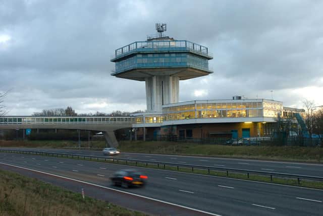 Lancaster (Forton) Services with its iconic tower.