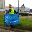 Unity event organiser, Anthony Padgett, near Morecambe War Memorial which was recently desecrated.