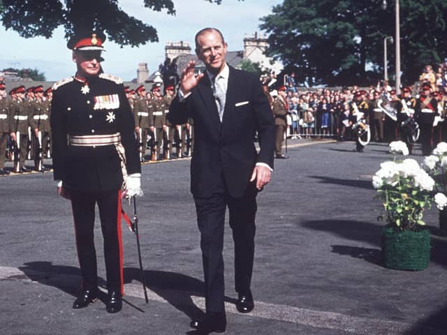 Prince Philip in Lancaster with a military official for the silver jubilee in 1977. From Mr R Walker, Slyne.