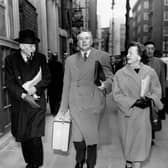 Leader of the Labour party Clement Attlee (L) and members of the National Executive Committee (NEC) of the Labour party Harold Wilson (C) and Barbara Castle (R) leave Transport house, on March 30, 1955 after the Committee had decided against the expulsion of Aneurin Bevan. (Photo by - / United Press Photos / AFP) / France ONLY        (Photo credit should read -/AFP via Getty Images)
